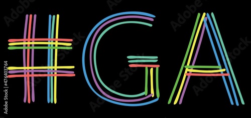 GA Hashtag. Multicolored bright isolate curves doodle letters. Hashtag #GA is abbreviation for the US America state Georgia social network, web resources, mobile app.