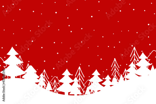 Winter forest with show , beautiful landscape. Silhouette of Christmas trees on red background.