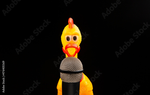 image of microphone rubber chicken dark background