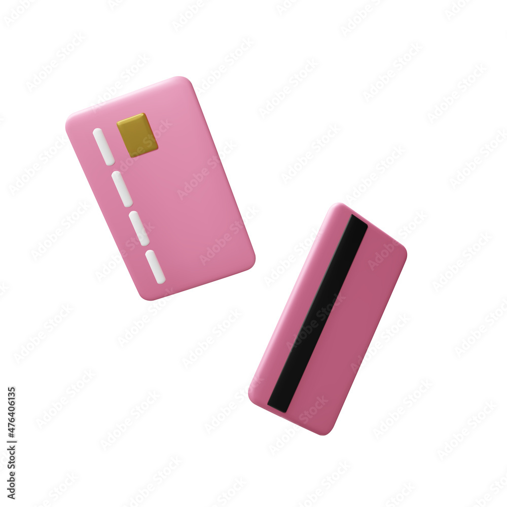 Cartoon style pink flying credit card front and back view. Banking operation. Financial transactions and payments. Credit card for online payment or shopping Cartoon style pink flying credit card front and back view. Banking operation. Financial transactions and payments. Credit card for online payment or shopping