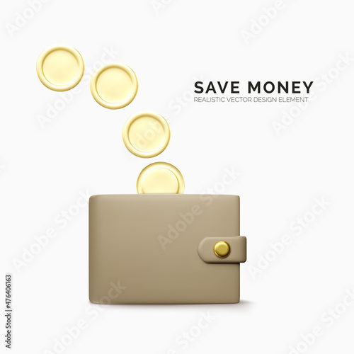 Realistic cartoon style wallet and gold coin. Cashback or quick loan concept design element