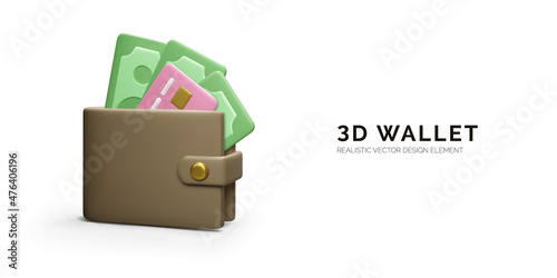 Wallet with paper currency and credit card in realistic cartoon style. 3D purse with green dollars