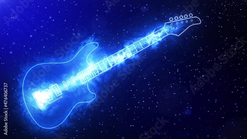 Neon glowing electric guitar in a cold haze in outer space