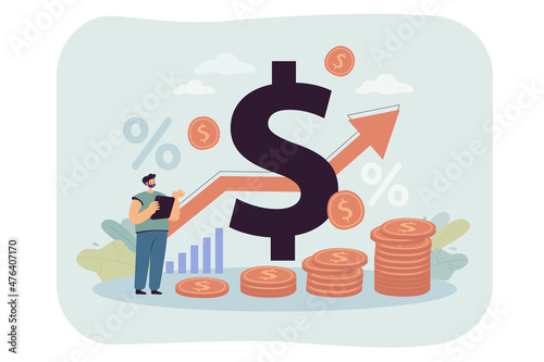 Recession of money value on finance market. Price increase, business risk, coins and percentage rate flat vector illustration. Economy, inflation concept for banner, website design or landing web page photo