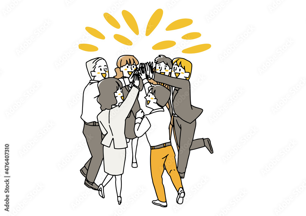 Fototapeta premium 共同作業で成功を収め輪になりハイタッチで喜ぶ人々 フォーマルスタイル ゆるい線画の人物イラスト