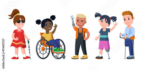 Cartoon kids with physical disabilities vector illustrations set. Blind girl with walking stick, child on wheelchair, children with prosthetic arm, leg, foot. Disability, health, accessibility concept