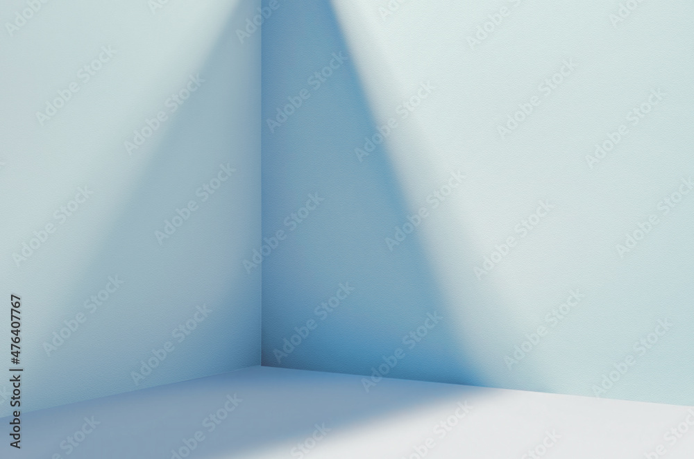 Light soft minimal background mockup for product presentation. Corner of room with shadows from different angles delicate light blue color.