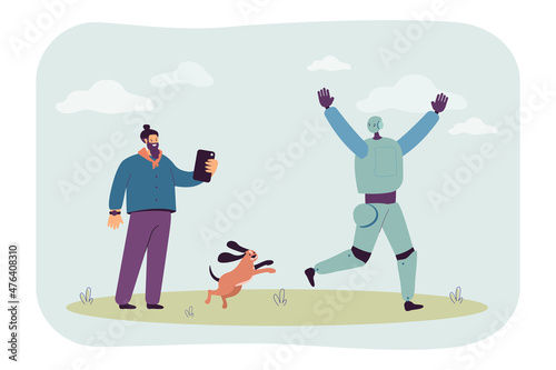 Robot running away from man and dog in fear. Puppy chasing crazy android flat vector illustration. Artificial intelligence, tech error, mistake concept for banner, website design or landing web page