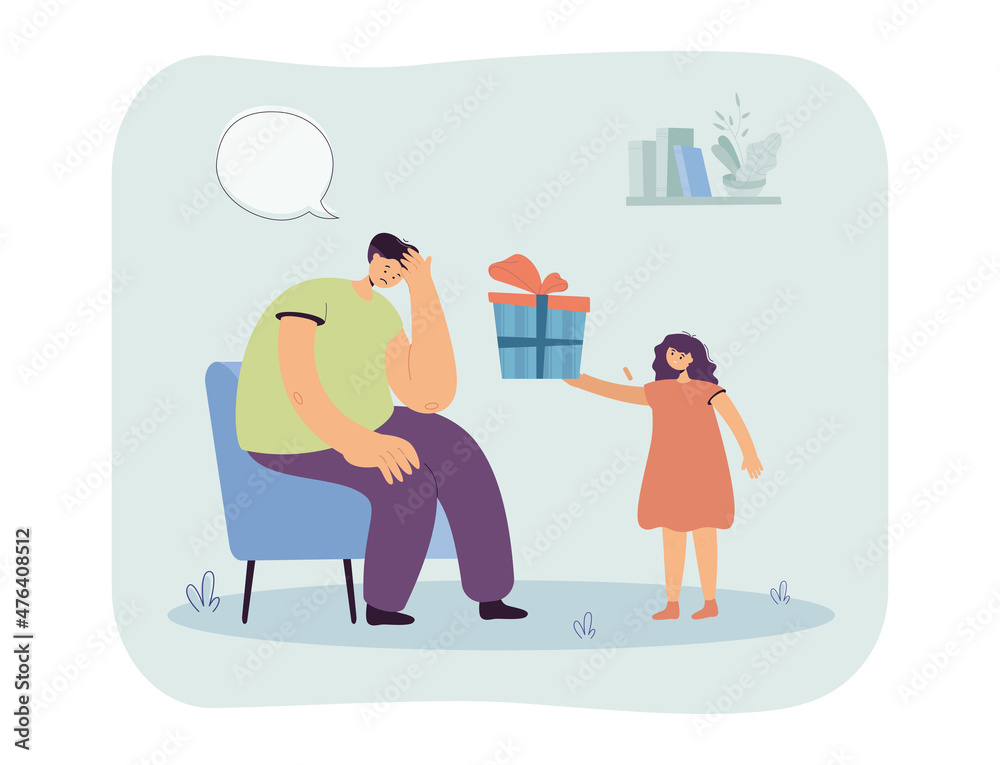 Daughter stretching out gift box to sad father. Child giving present to parent flat vector illustration. Family relationship, holiday celebrating concept for banner, website design or landing web page Daughter stretching out gift box to sad father. Child giving present to parent flat vector illustration. Family relationship, holiday celebrating concept for banner, website design or landing web page