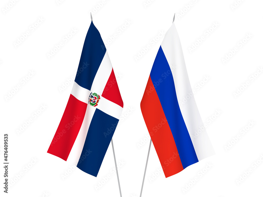 National fabric flags of Russia and Dominican Republic isolated on white background. 3d rendering illustration.