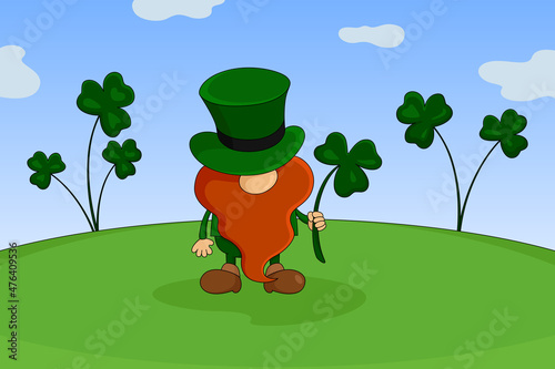 Leprechaun hold shamrock. Vector illustration.