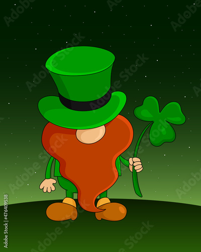 Leprechaun hold shamrock. Cartoon style. Vector illustration.