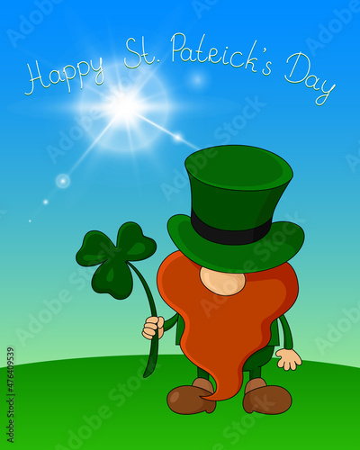 Happy St. Patrick's Day card. Leprechaun hold shamrock. Vector illustration.