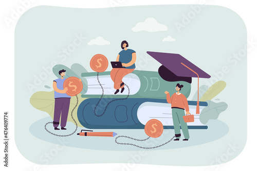 Students without scholarship taking university or college loans. Huge books and coins, money or fee for degree flat vector illustration. Education, finances, economy concept for banner, website design