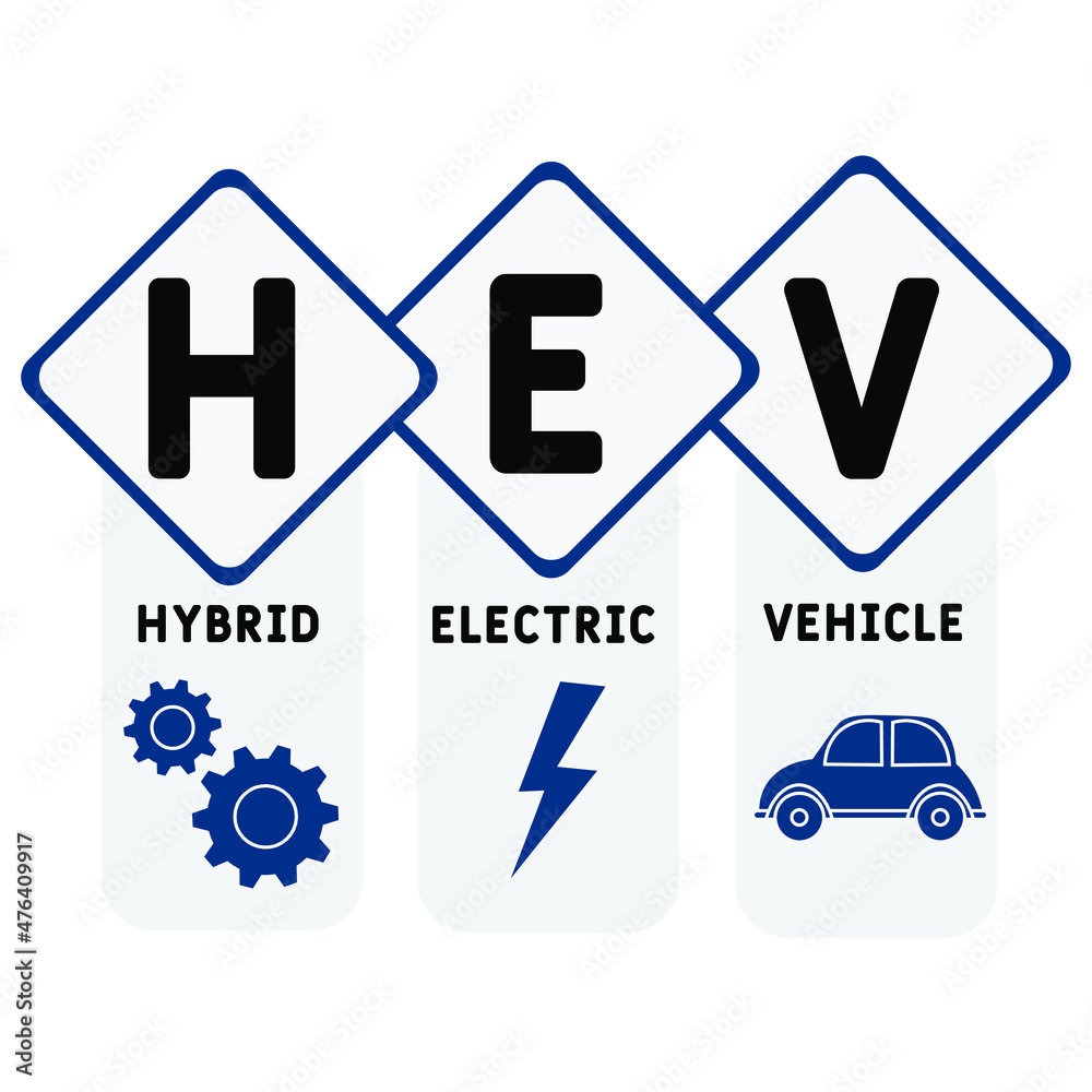 HEV - Hybrid Electric Vehicle acronym. business concept background.  vector illustration concept with keywords and icons. lettering illustration with icons for web banner, flyer, landing 