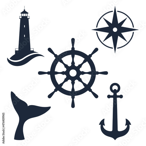 Marine travel topic graphic set symbols. Nautical signs isolated on white background. Vector illustration