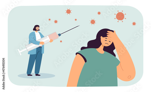 Female patient afraid of tiny doctor with vaccine syringe. Resistance of woman against vaccination flat vector illustration. Immunization, phobia concept for banner, website design or landing web page
