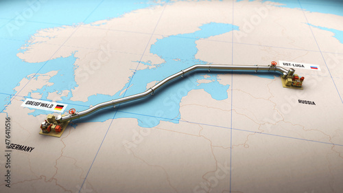 3D Render of process Nord Stream 2 gas pipeline building between Russia and Germany on map photo