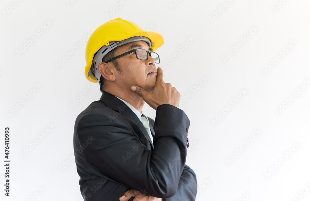 Engineer stand thinking on white background Engineer stand thinking on white background