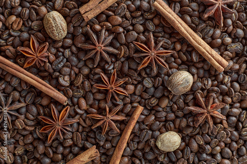 Cinnamon sticks, star anise and nutmeg on coffee beans