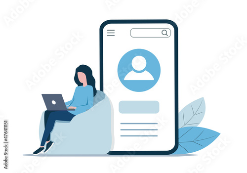 A person using mobile application. Colored vector flat illustration. Isolated on white background.