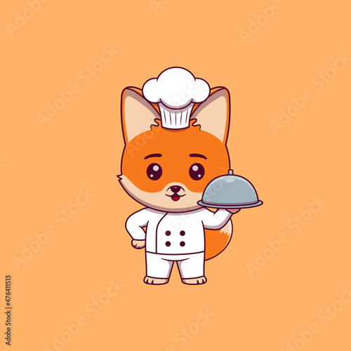 Cute fox chef holding restaurant cloche