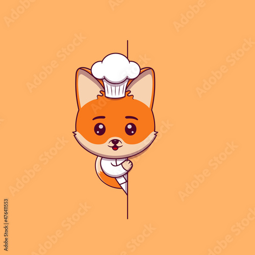 Cute fox chef peeking out behind blank sign
