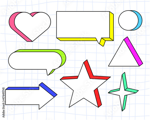 Set Speech bubbles and other geometric shapes. Trendy retro cartoon style 3d and 2d line