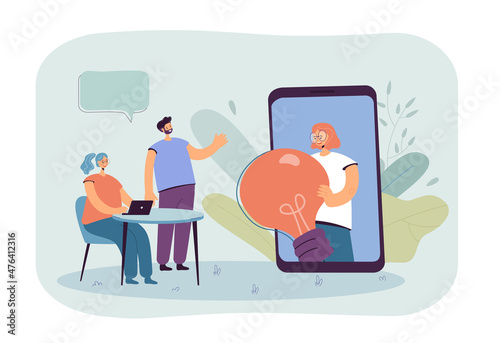 Woman proposing idea from phone screen to tiny business people. Girl holding light bulb flat vector illustration. Solution, startup, advice concept for banner, website design or landing web page