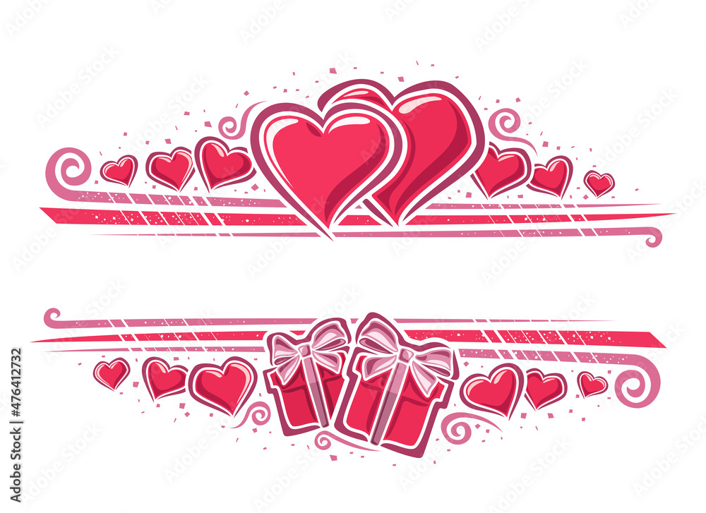 Vector Border for Valentine's Day with copy space, horizontal template with illustration of pair contour hearts, two cartoon gift boxes and decorative stripes for valentines day on white background