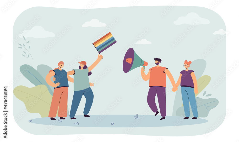 Homosexual couple with rainbow flag and heterosexual family with loudspeaker. Activists claiming rights flat vector illustration. Demonstration concept for banner, website design or landing web page