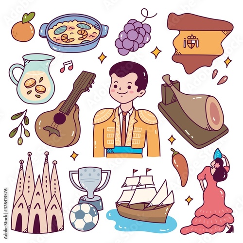 Spain Travel Destination Doodle Cartoon vector Illustration