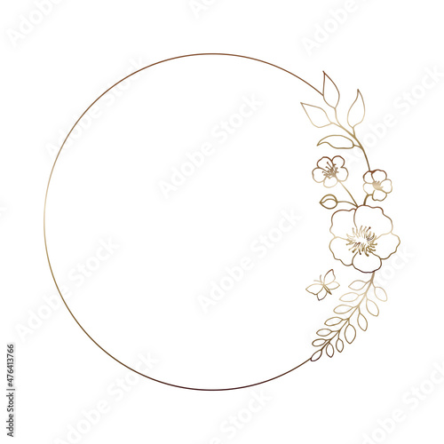 Elegant round floral frame with flowers, herbs and butterfly for festive decoration of cards, invitations. Vector hand drawn illustration.