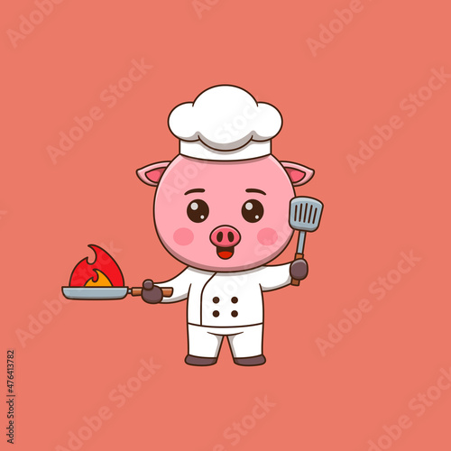 Cute pig chef holding spatula and Burning Frying Pan