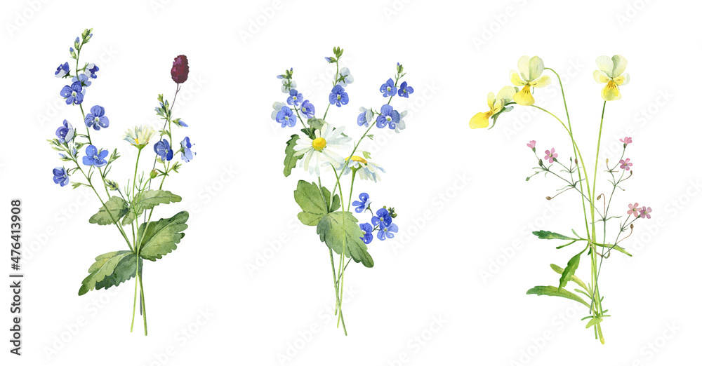 Three watercolor very small forest bouquets on a white background