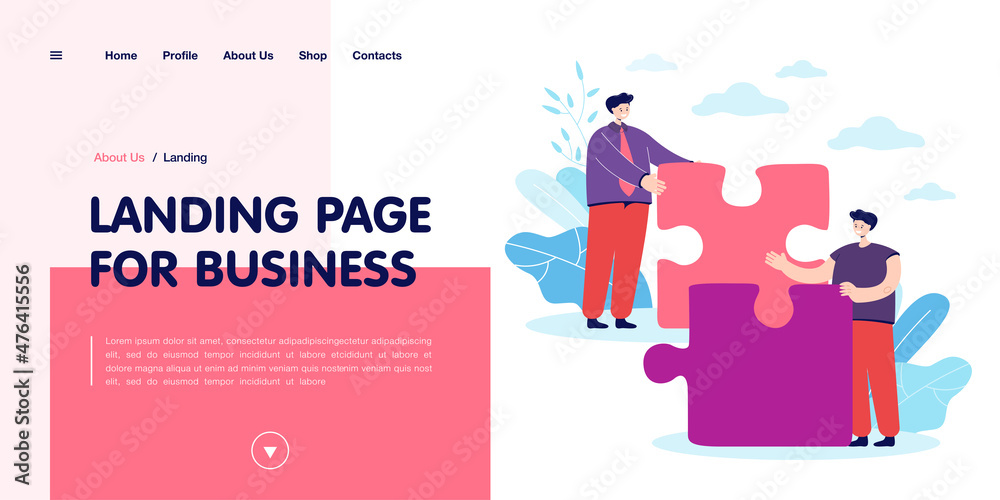 Men connecting ideas vector illustration. Two male characters working together, linking new concepts symbolized by pieces of puzzle. Teamwork concept for banner, website design or landing web page