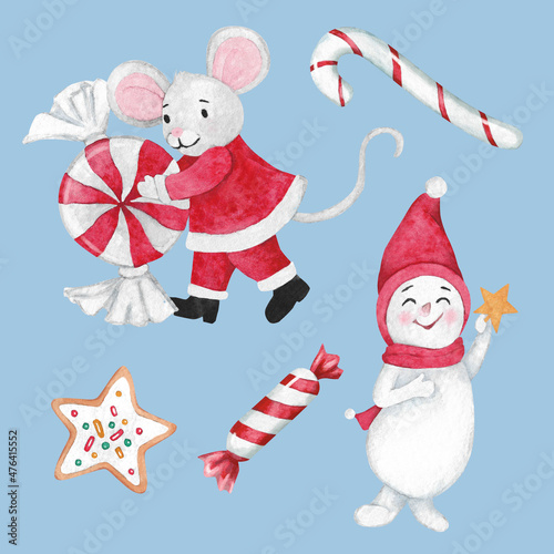 Christmas illustration, cute mouse with candy and funny snowman, candy cane and gingerbread.