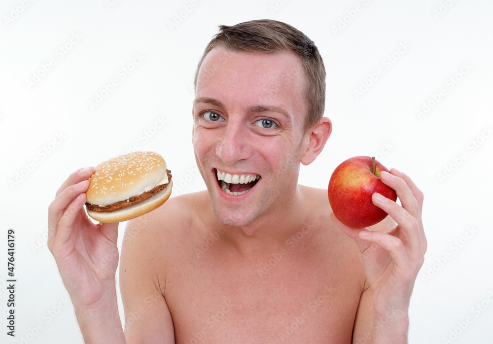 Mann mit Apfel und Burger Mann mit Apfel und Burger