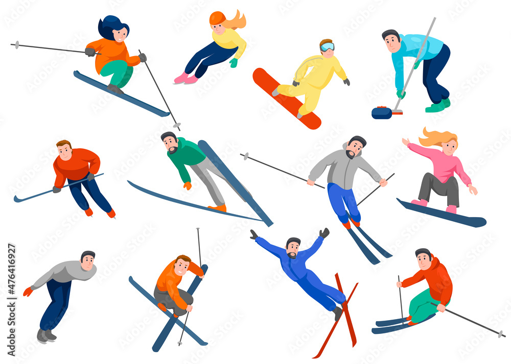 Active people doing sport such as skate, skiing, snowboarding, curling. Male and female characters in different poses and winter equipment cartoon vector illustration set. Winter activities concept