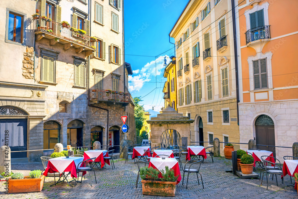 Cityscape with street cafe in upper city Bergamo.  Lombardy, Italy