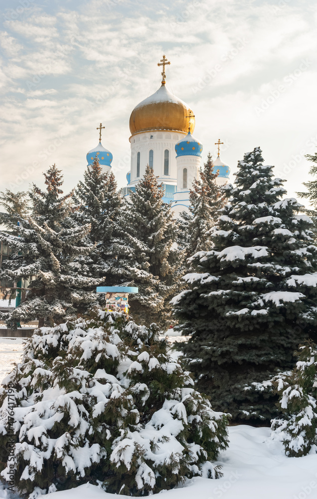 Obraz premium Snow-covered spruces of the city arboretum on the background of the snow-white temple.