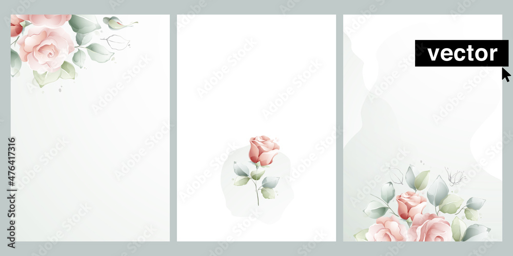 Ready to use vector Cards. Herbal Watercolor style  invitation design with pink roses flowers, buds, leaves, and branches.