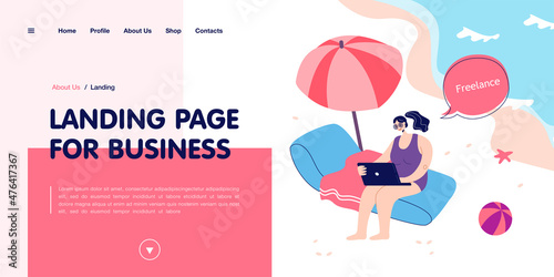 Woman working remotely on beach. Female cartoon character with laptop on seashore flat vector illustration. Freelance, vacation, technology concept for banner, website design or landing web page