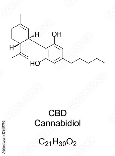 Cannabidiol, CBD, chemical formula and structure. One of the cannabinoids, and a major compound, found in cannabis sativa plants. It does not have the same psychoactivity as THC. Illustration. Vector.