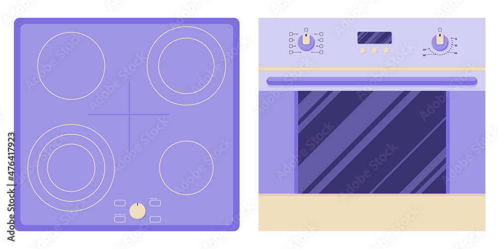 Induction hob and oven for cooking and baking food, different levels of heating and cooking in a flat style isolated on a white background. Vector illustration