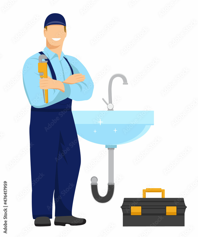 Smiling plumber in uniform stands next to the sink and holds a wrench in his hand. The toolbox is nearby. Plumbing works. Illustration in flat style on white background.