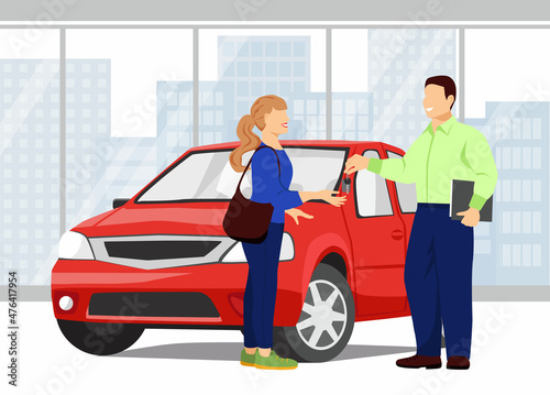Car showroom. Seller man gives the girl the keys to a new car. Red car and city landscape in the background. Buying, selling or renting a car. Vector illustration in flat style