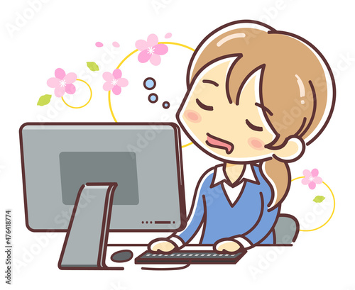 仕事中にパソコンをしながら居眠りする会社員の女性のイラスト（春 春眠 PC デスク 寝る 眠い）