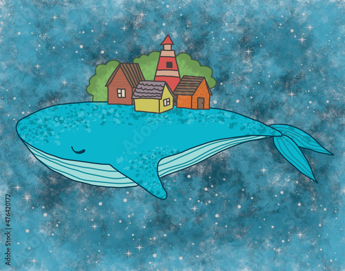 whale in the sky with houses on its back