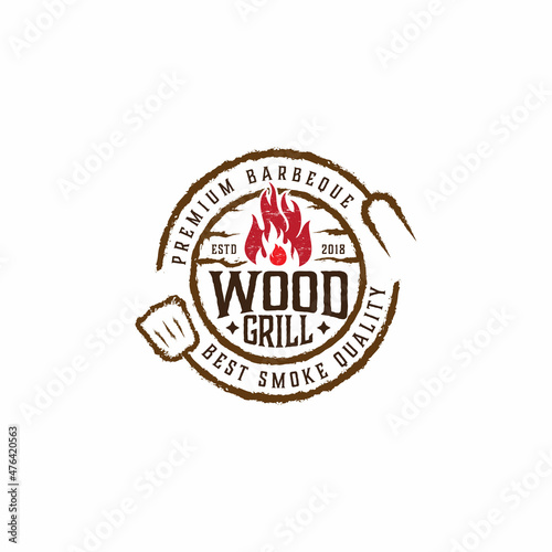 vintage wood grill logo design, crossed fork spatula logo, barbeque logo, restaurant logo, emblems, badges, stamp icon symbol vector template